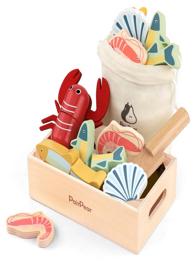PairPear Wooden Play Food Cutting Seafood Set - Toddlers Wooden Toy Food Pretend Play Kitchen Accessories for 3 Years Old Boys Girls Early Education Toys Gift - Image 1
